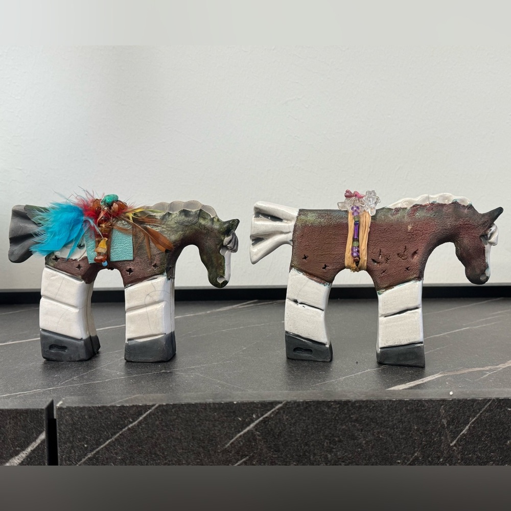 Decorative Cathie & Carie Crain Horse Figurines with Feathers